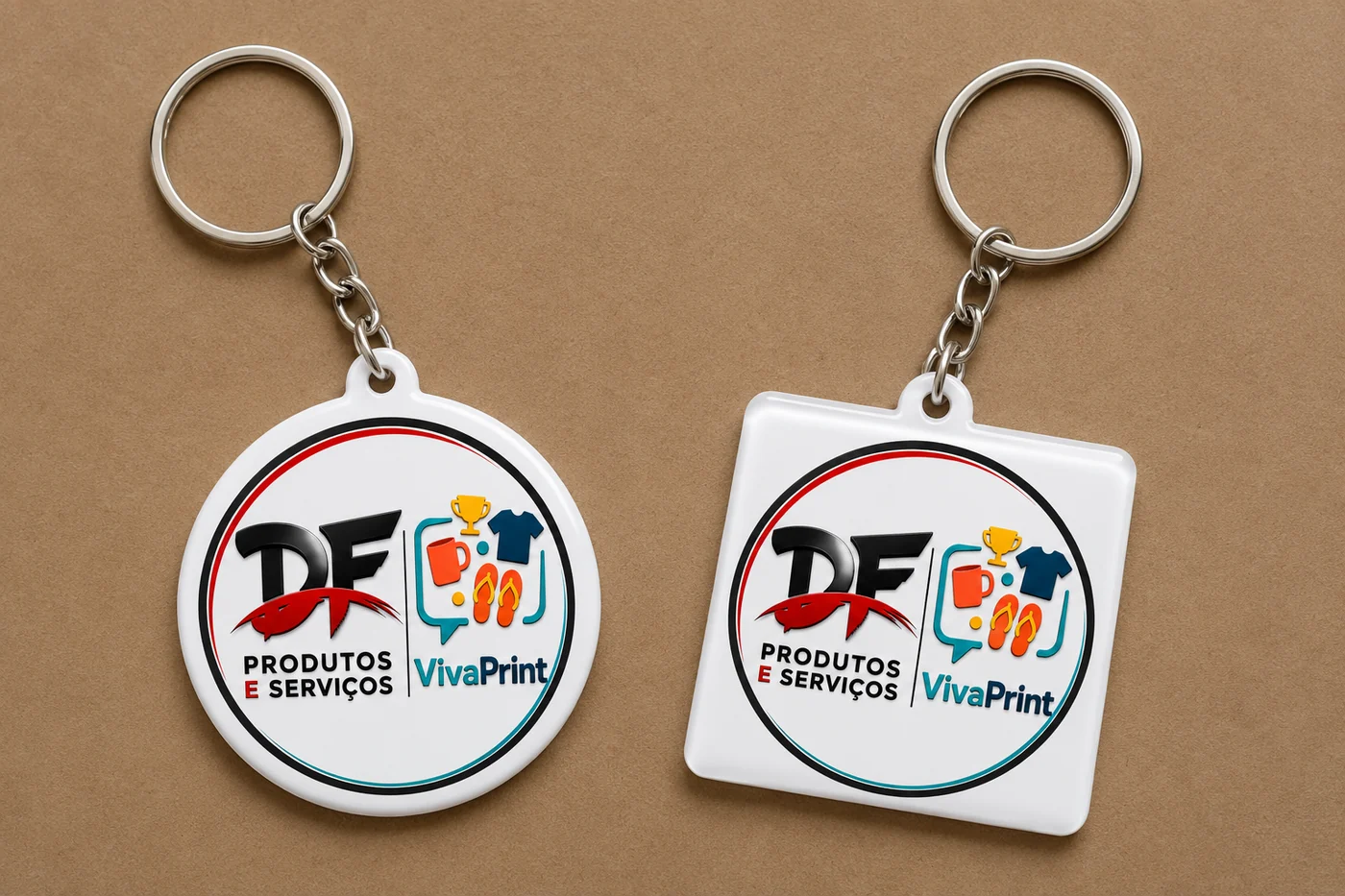 Chaveiros personalizados em dois formatos, redondo e quadrado