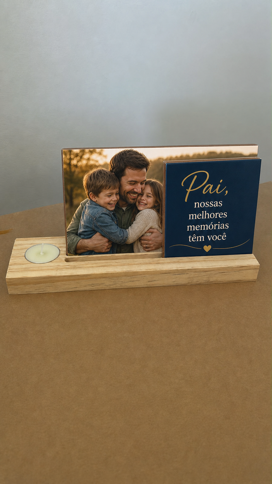 Porta-retratos com foto de pai e filhos e mensagem de Dia dos Pais